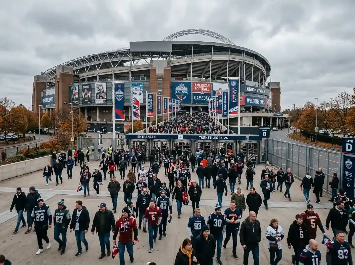 Wembley Stadium exterior on a matchday afternoon with NFL signage and British fans in team jerseys arriving for a regular-season game